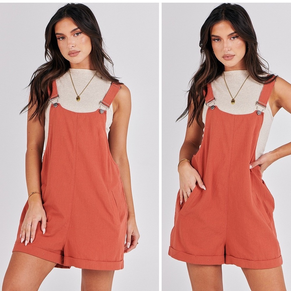 Orange Linen Blend Short Overalls Romper, Medium | Boho, Hippie, Earthy, Beach